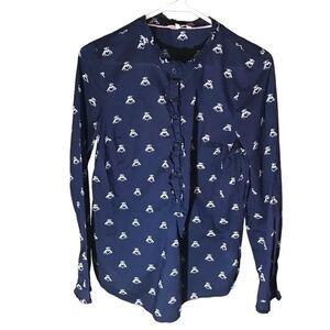 Joules Navy blue button ruffle blouse Women’s Size 6 cotton bee print